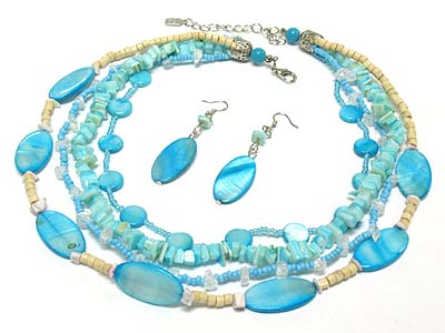 Multi strand multi shape shell disk and chip stone wood beads deco necklace and earring set 