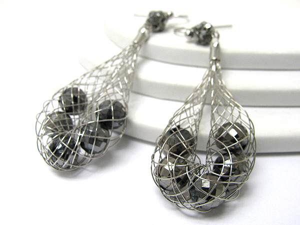 Facet glass stone inside metal wired earring
