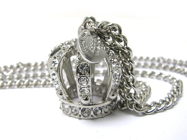 Crystal stud large crown pendant long necklace
