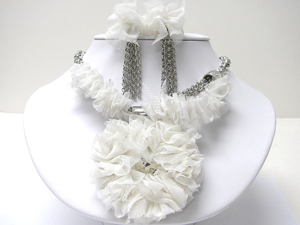 CRYSTAL AND CHIFFON LARGE HEART CHARM CHAIN NECKLACE EARRING SET