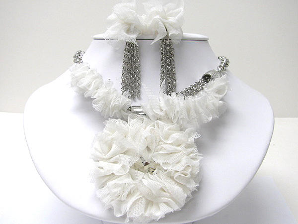 Crystal and chiffon large heart charm chain necklace earring set