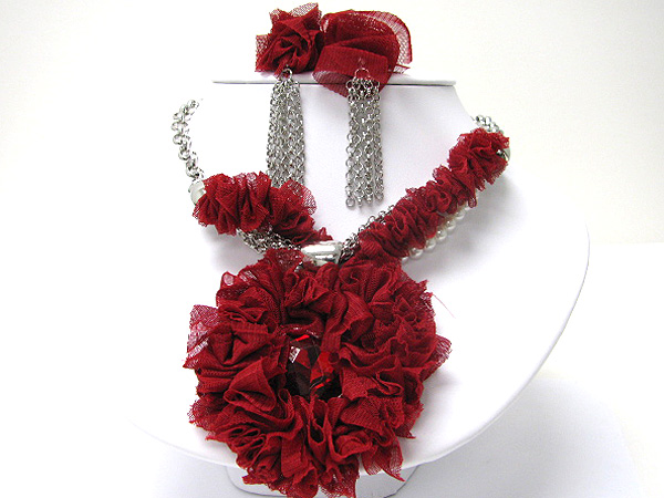 Crystal and chiffon large heart charm chain necklace earring set