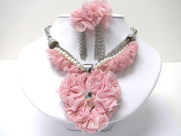 CRYSTAL AND CHIFFON LARGE HEART CHARM CHAIN NECKLACE EARRING SET
