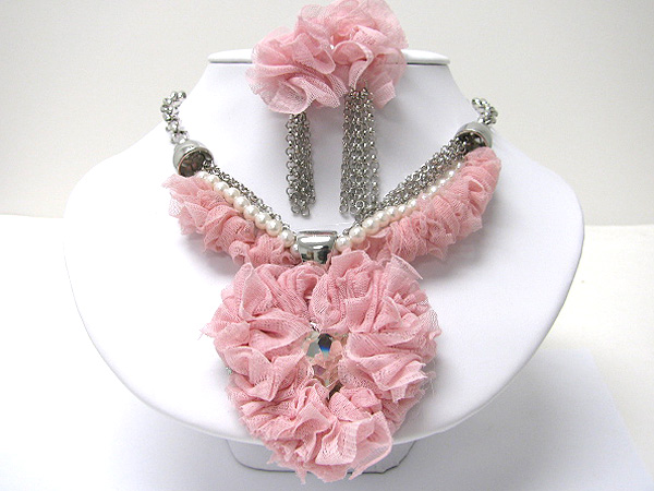 Crystal and chiffon large heart charm chain necklace earring set