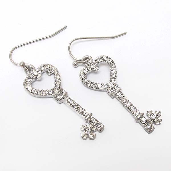 Premier electro plating crystal heart key earring -valentine