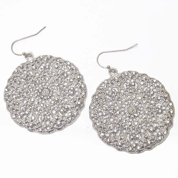 Premier electro plating crystal and metal filigree disk earring