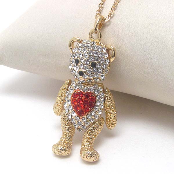 Premier electro plating crystal heart on teddy bear necklace -valentine