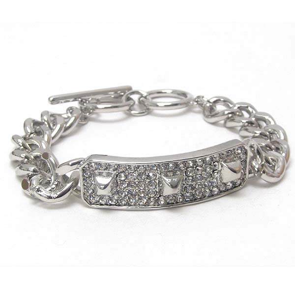 CRYSTAL AND SPIKE ON PLATE AND THICK CHAIN TOGGLE BRACELET