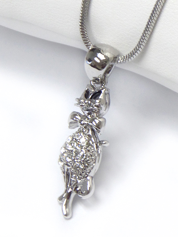 WHITEGOLD PLATING CRYSTAL STUD CAT PENDANT NECKLACE