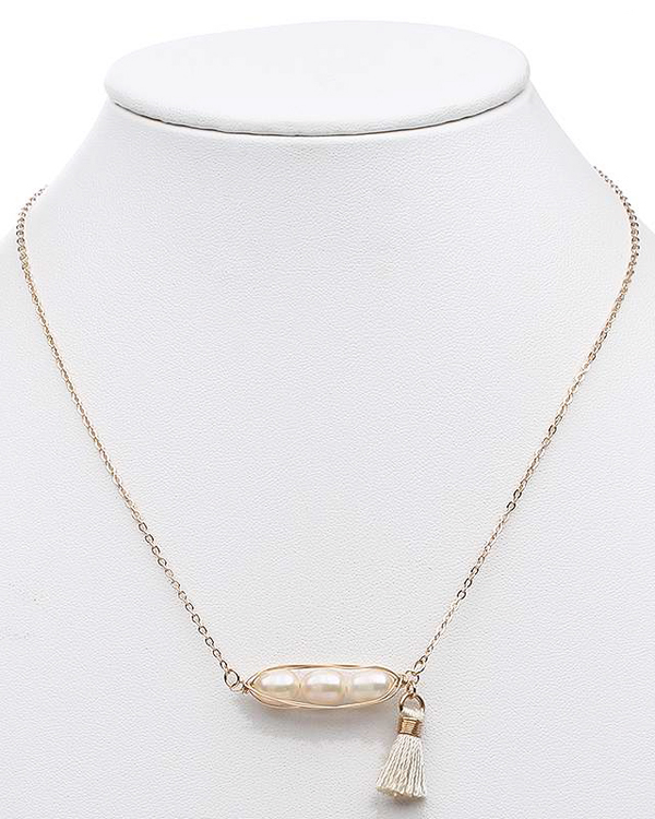 Wire wrap genuine fresh water pearl and thread tassel necklace