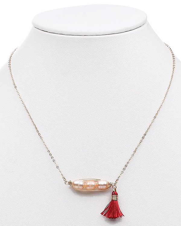 Wire wrap genuine fresh water pearl and thread tassel necklace