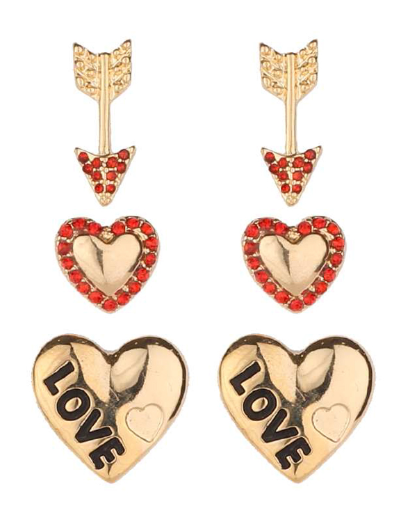Valentine heart and arrow three pair earring set -valentine