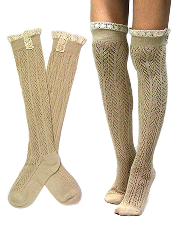 Vintage lace and button accent long fashion socks
