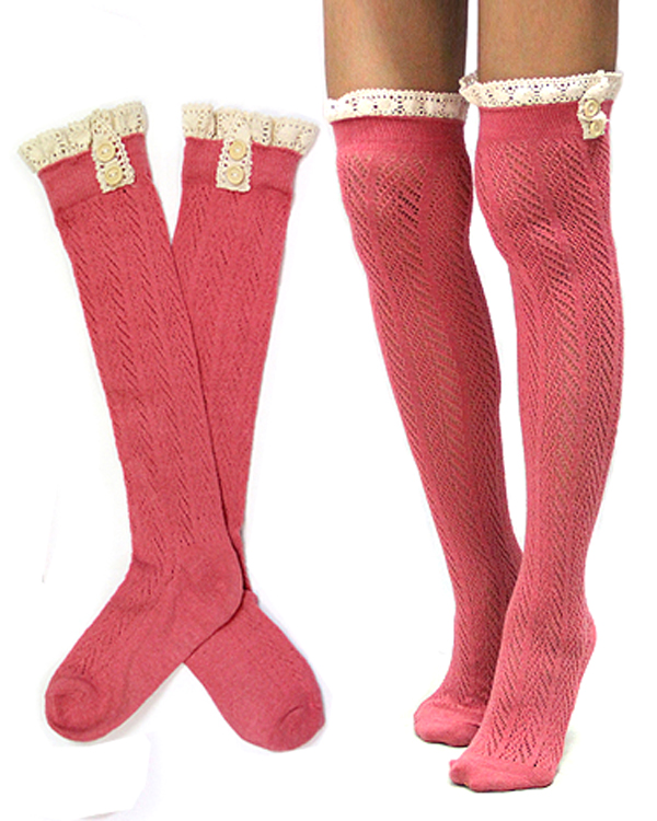 Vintage lace and button accent long fashion socks