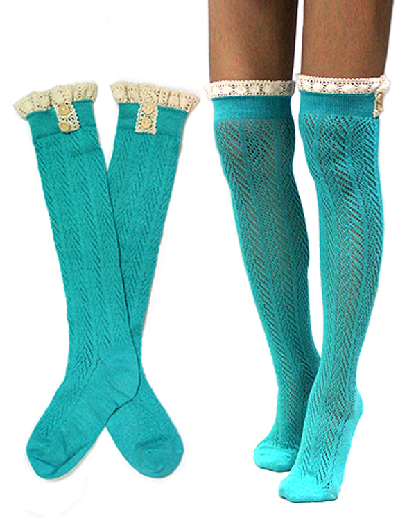 Vintage lace and button accent long fashion socks