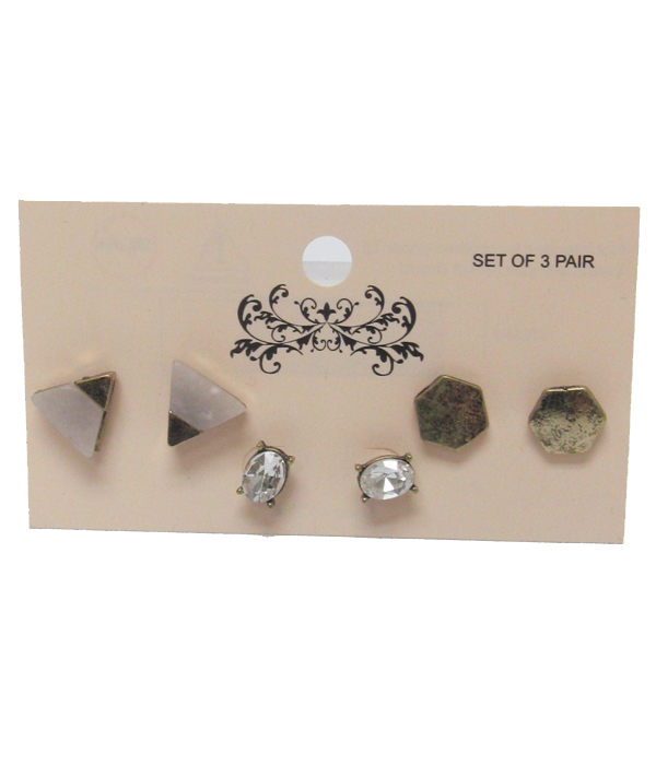 Mixed shape three pair earring set