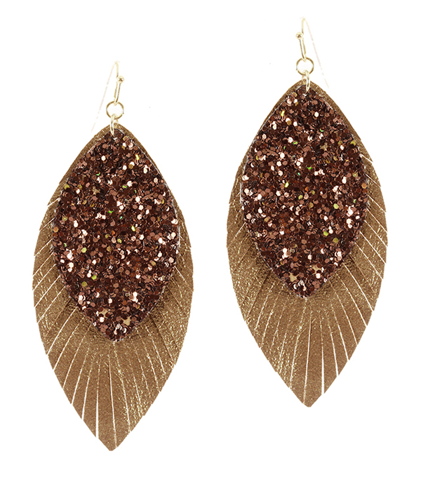 Double layer glittering and fringe faux leather earring