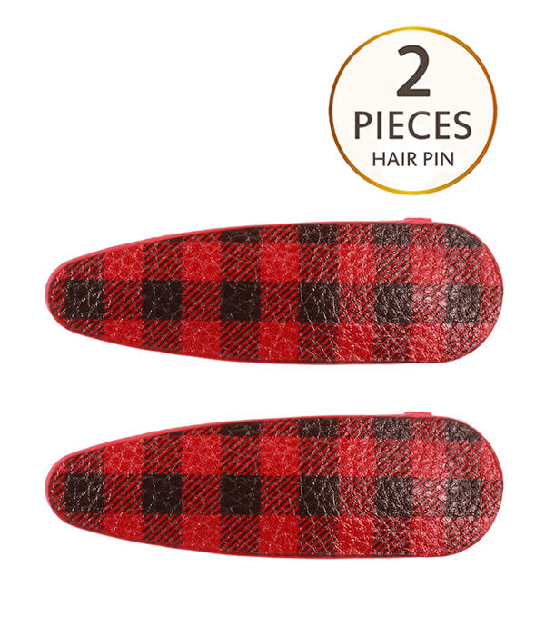 Plaid pattern faux leather double hair pin