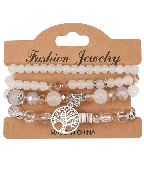 Tree of life multi bead 4 stackable stretch bracelet set