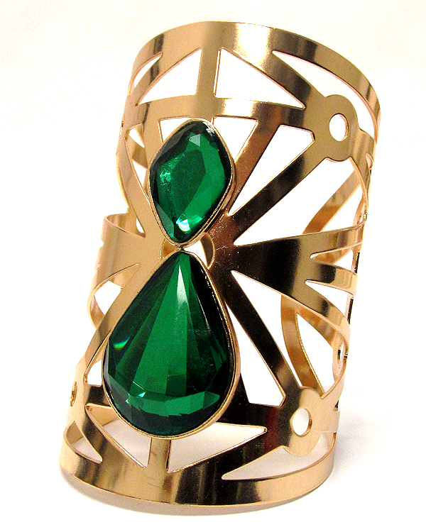 Two crystal glass with azteca cut out pattern theme metal cuff bangle -western
