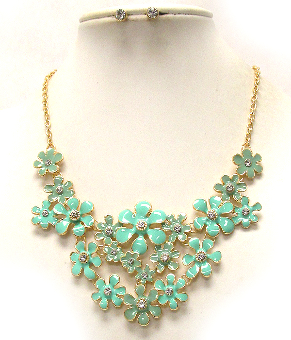 Multi crystal and metal epoxy flower pattern drop chain necklace earring set