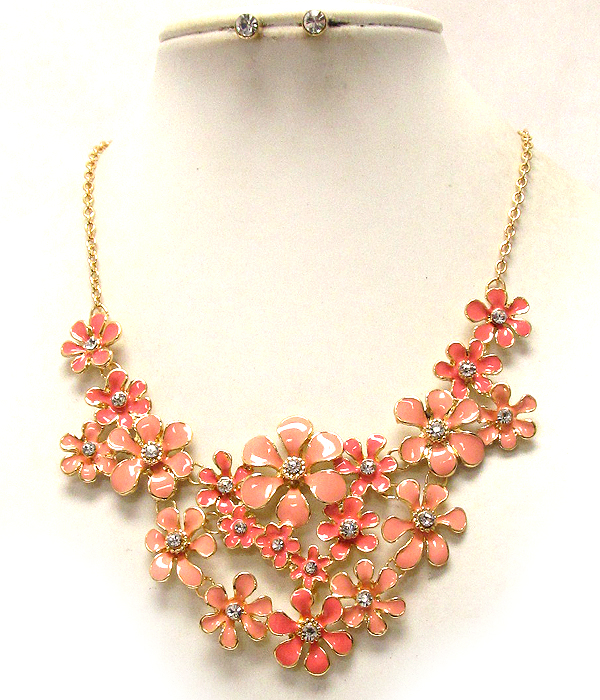 Multi crystal and metal epoxy flower pattern drop chain necklace earring set
