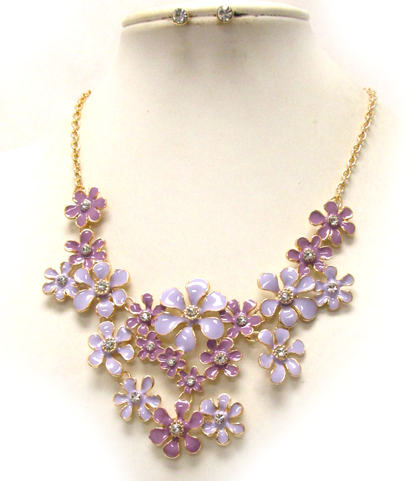 Multi crystal and metal epoxy flower pattern drop chain necklace earring set