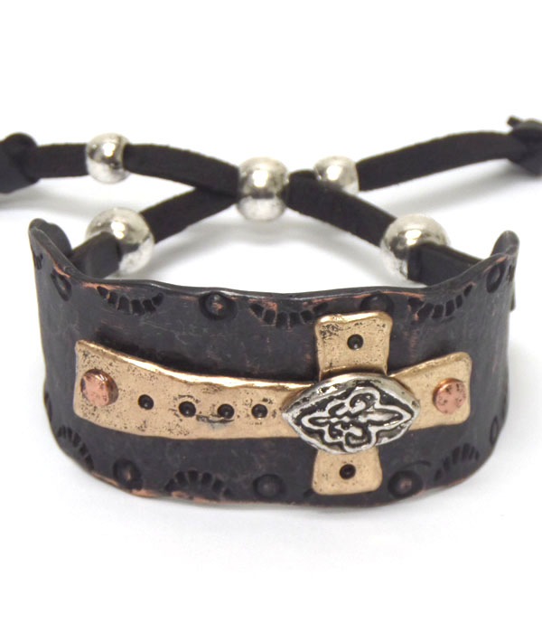 Handmade cross and fleur de lis pull tie bracelet