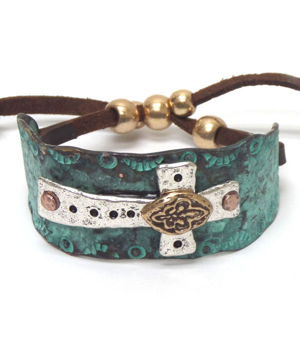 Patina handmade cross and fleur de lis pull tie bracelet