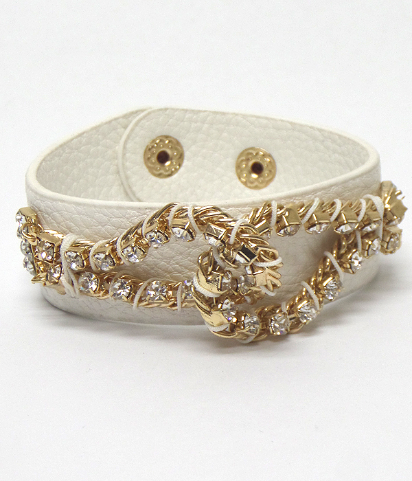 Crystal stud metal chain deco leather bracelet