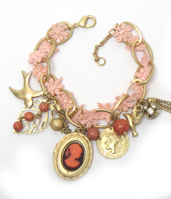 Cameo and mixed vintage charms bracelet