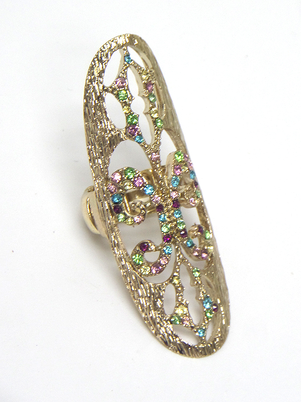 Crystal stud metal textured long finger stretch ring