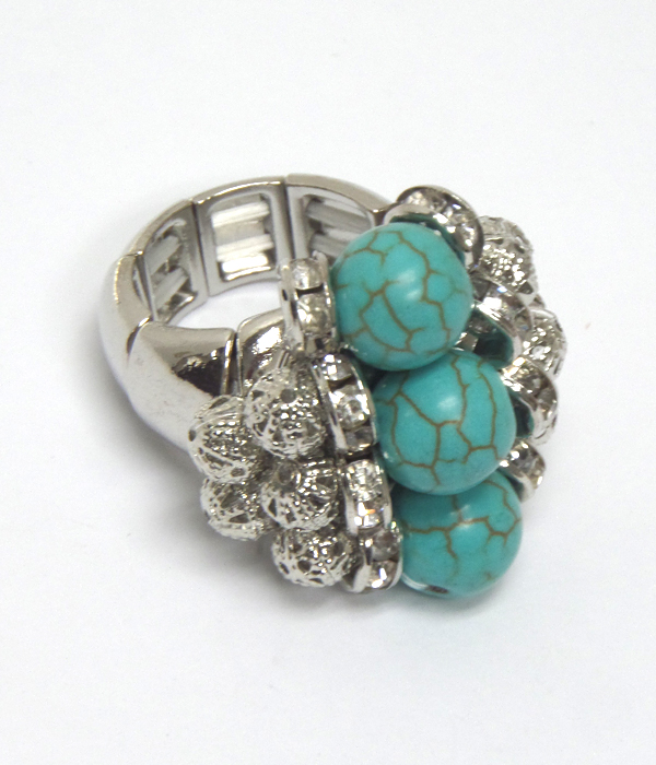 Genuine stones and metal beads cluster drop stretch ring - turquoise