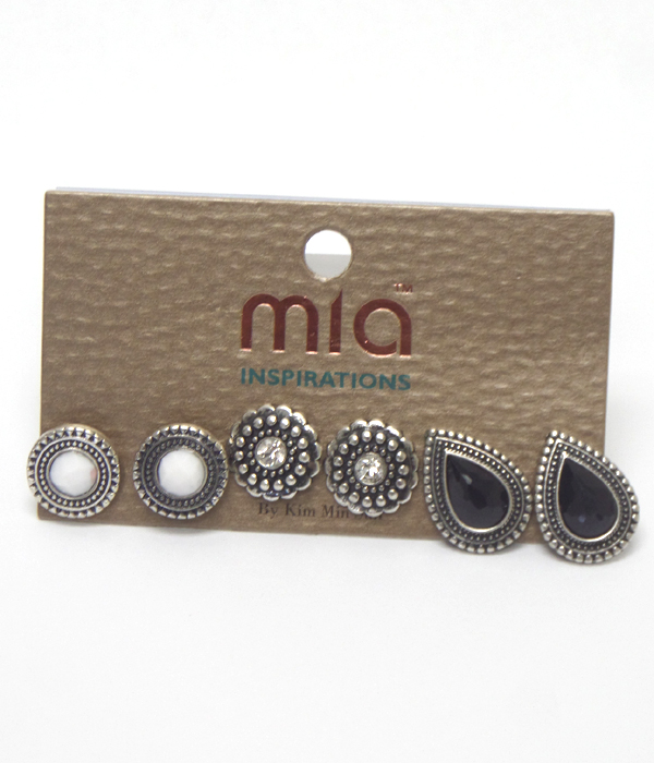 Mixed shape 3 pair stud earring set