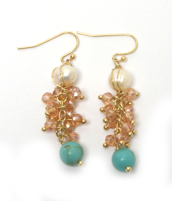 Semi precious stone and crystal beads cluster earring