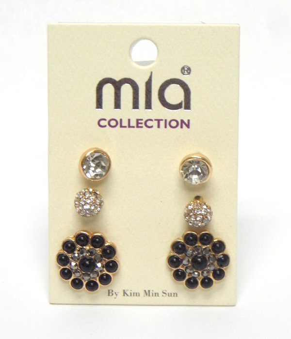 Flower fireball mixed shape 3 pair earring set