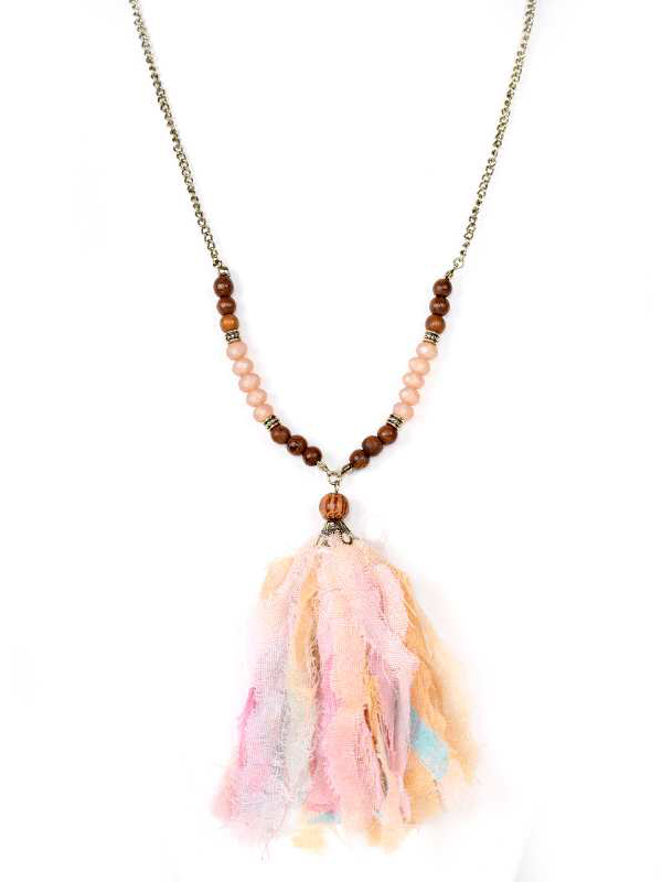 Fabric tassel drop and bead long chain necklace