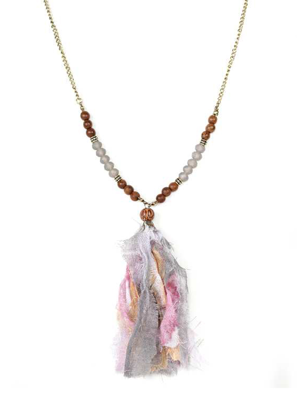 Fabric tassel drop and bead long chain necklace