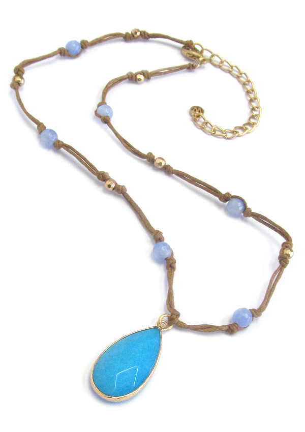 Facet genuine stone pendant and leatherette chain necklace