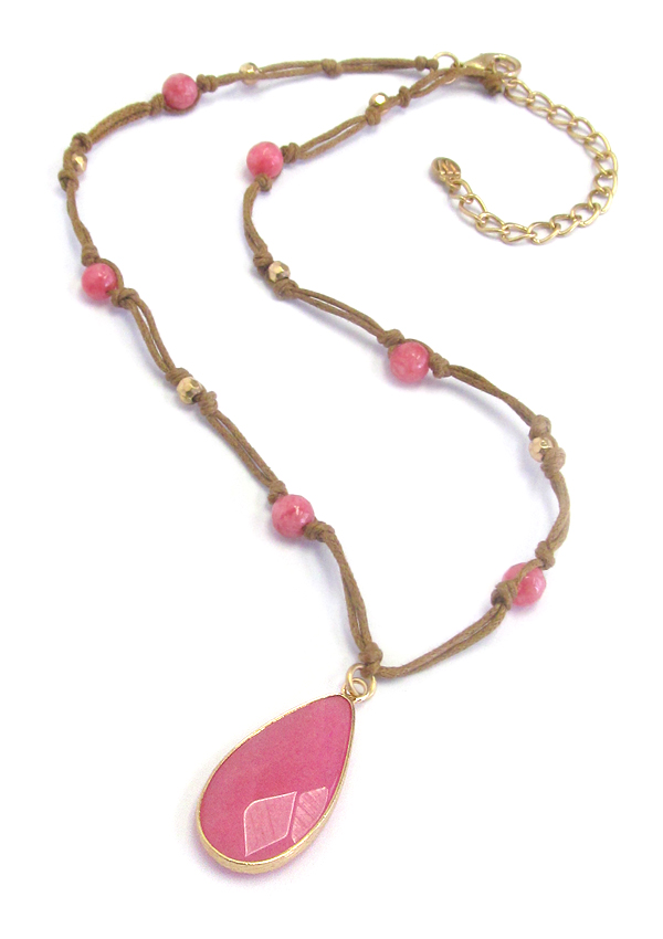 Facet genuine stone pendant and leatherette chain necklace