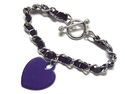 Color heart charm bradied leather cord and metal chain bracelet