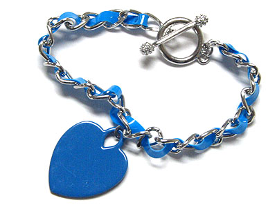 Color heart charm bradied leather cord and metal chain bracelet