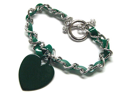 Color heart charm bradied leather cord and metal chain bracelet