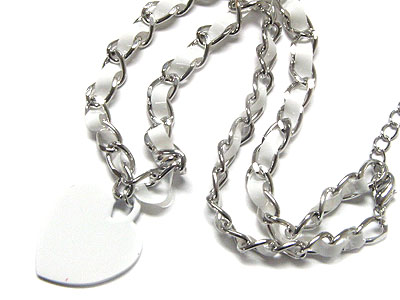 Color heart charm bradied leather cord and metal chain necklace
