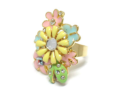 Crystal and enamel fashion flower adjustable ring