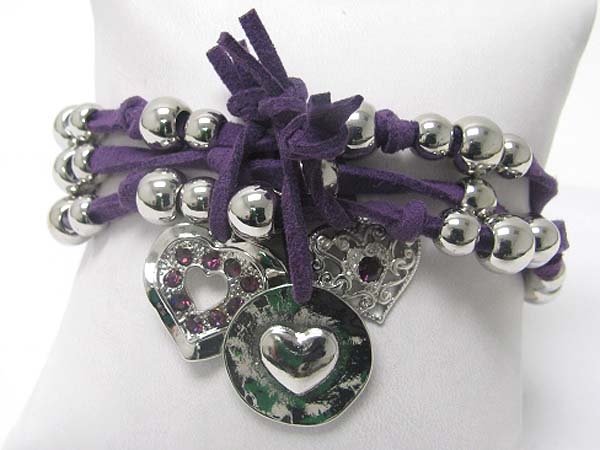 VALENTINE THEME CRYSTAL STUD MULTI HEART CHARM SUEDE BRACELET