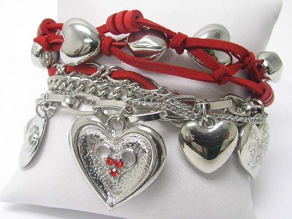 Valentine theme crystal stud multi heart charm suede and metal chain bracelet