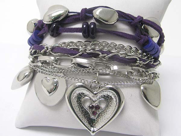 VALENTINE THEME CRYSTAL STUD MULTI HEART CHARM SUEDE AND METAL CHAIN BRACELET