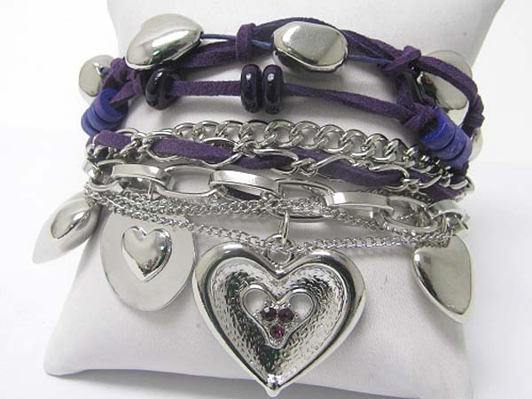 Valentine theme crystal stud multi heart charm suede and metal chain bracelet