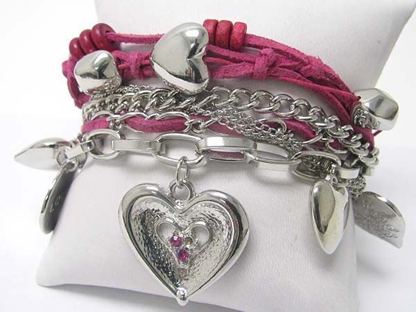 Valentine theme crystal stud multi heart charm suede and metal chain bracelet 
